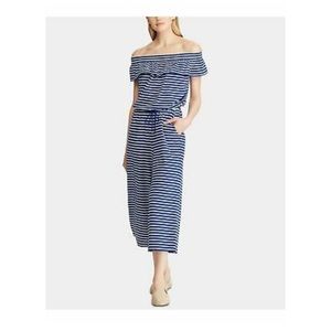 RALPH LAUREN Women’s Blue Striped Short Sleeve Off Shoulder Cropped Jumpsuit